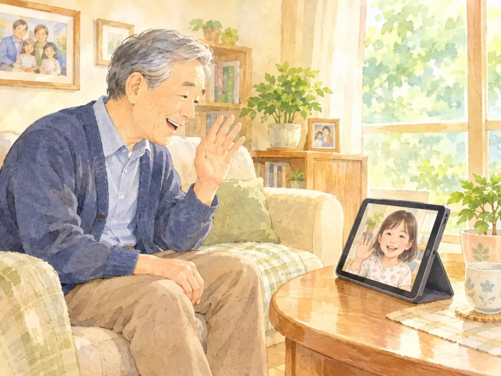 태블릿 영상통화로 손녀에게 손을 흔드시는 아버지