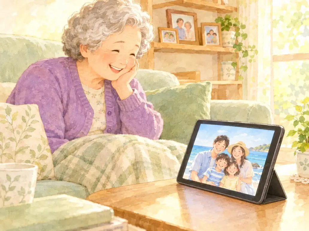 태블릿으로 가족사진을 보며 기뻐하시는 어머니